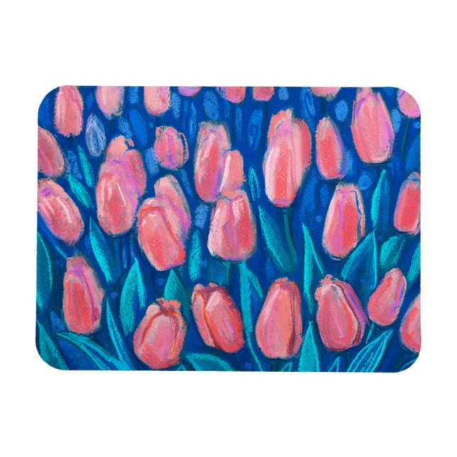 Magnet Flexible Tulipes roses Champ Bleu, Fleurs de Printemps Art  (Horizontal)