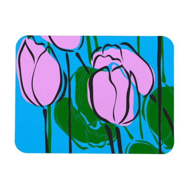 Magnet Flexible Tulipes roses dessinées à la main sur bleu ciel (Horizontal)