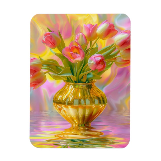 Magnet Flexible Tulipes roses vibrantes dans le Vase d'or (Vertical)