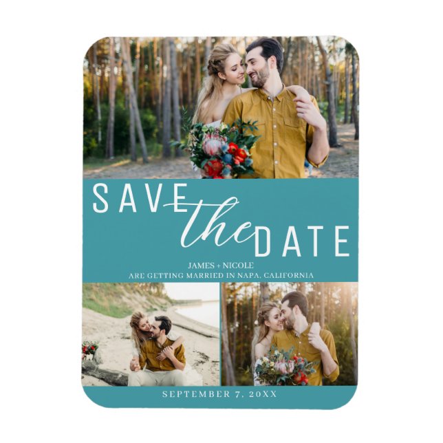 Magnet Flexible Turquoise Enregistrer la date Mariage 3 photos (Vertical)