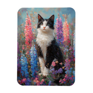 Magnet Flexible Tuxedo Chat Fleurs Lupines Colorées Flexibles
