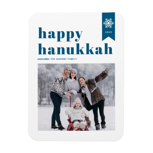 Magnet Flexible Typographie bleue Snowflakes Photo Happy Hanoukka (Vertical)