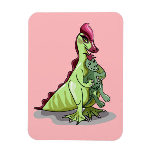 Magnet Flexible Un Hadrosaurus Féminin Tenant Une Poupée.