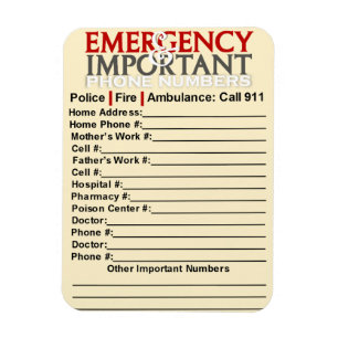 Magnet Flexible Urgence et numéros de téléphone importants 3""