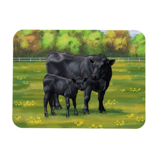 Magnet Flexible Vache d'Angus noir et veau mou en pâturage d'été (Horizontal)