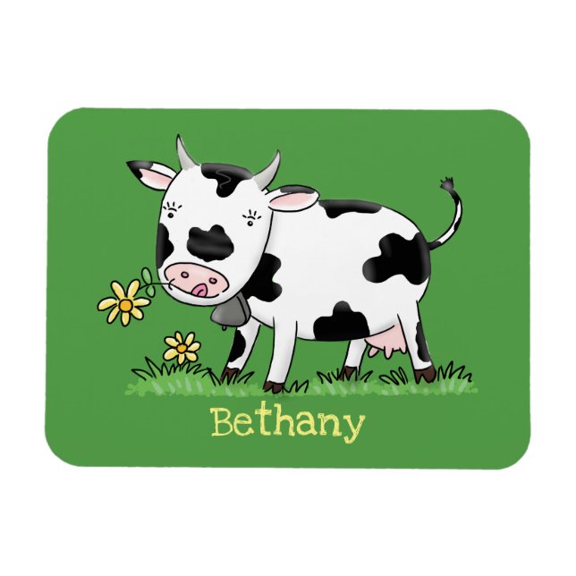 Magnet Flexible Vache mignonne en vert dessin animé sur le terrain (Horizontal)