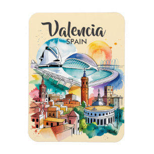 Magnet Flexible Valence Espagne Paysage Urbain Aquarelle Voyage Su