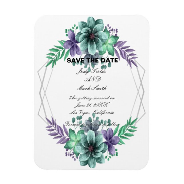 Magnet Flexible Vert Et Violet Aquarelle Floral Enregistrer La Dat (Vertical)