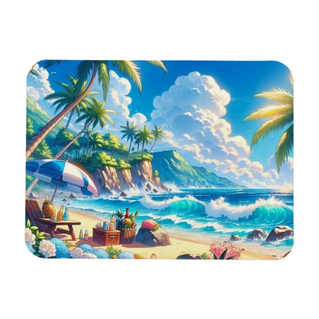Magnet Flexible Vibrant Tropical Island Beach Aquarelle (Horizontal)