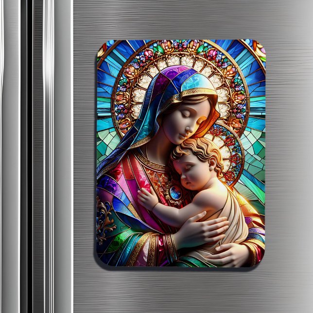 Magnet Flexible Vierge Marie et Bébé Jésus Vitrail (Créateur téléchargé)