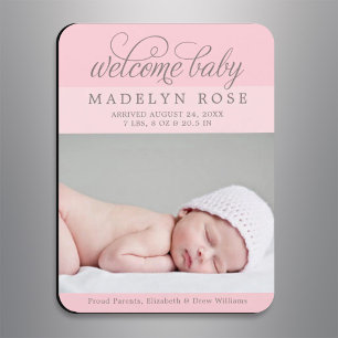 Magnet Flexible Welcome Baby Girl   Elegant Light Pink Photo Birth
