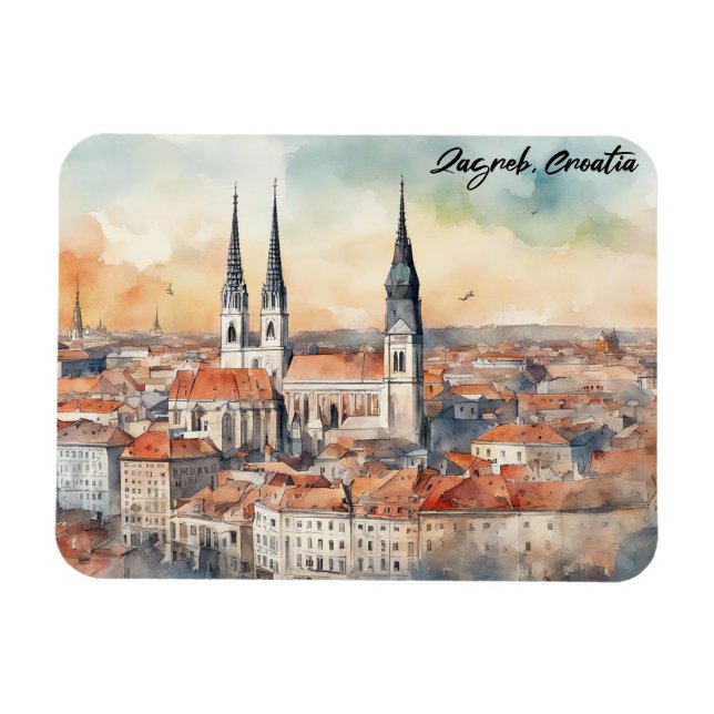 Magnet Flexible Zagreb Croatie Ville Silhouette Aquarelle (Horizontal)