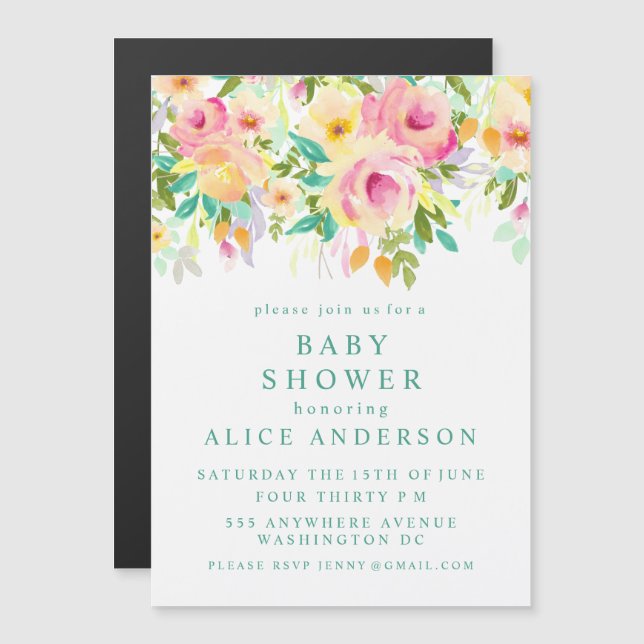 |MAGNET| Invitation Baby shower floral aquarelle (Devant / Derrière)