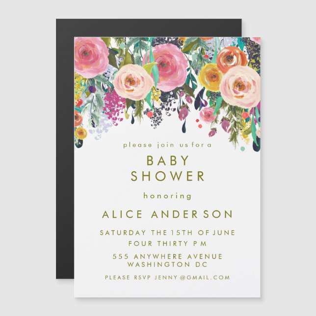 |MAGNET| Invitation Baby shower floral peint (Devant / Derrière)