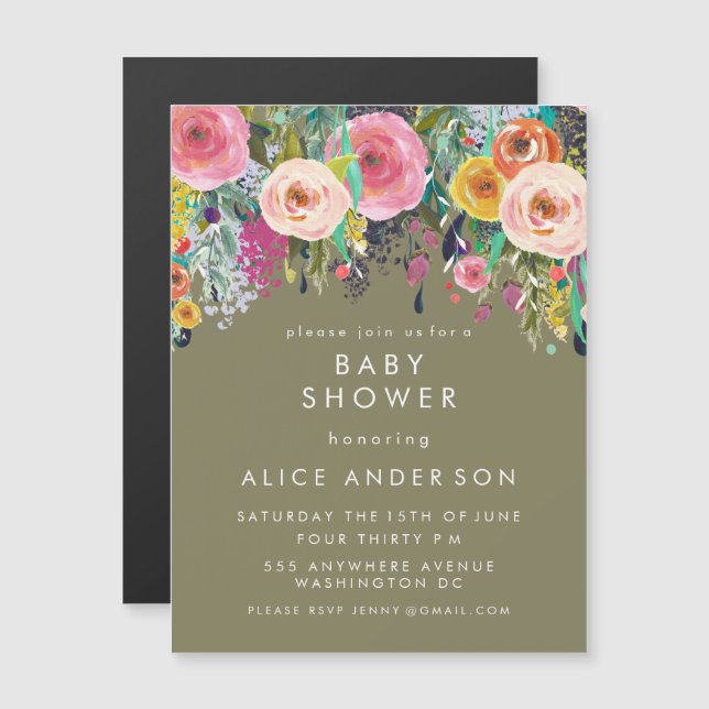 |MAGNET| Invitation Baby shower floral peint (Devant / Derrière)