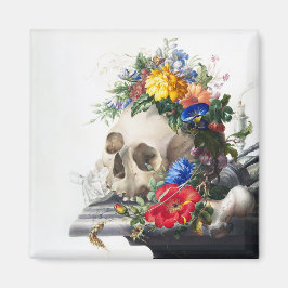 Magnet mit Totenkopf und Blumen Szene.
