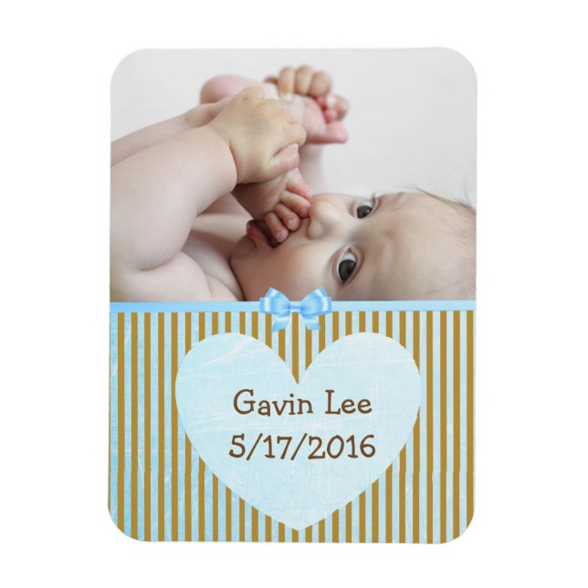Magnet photo bébé personnalisé Brown et bande bleu (Vertical)