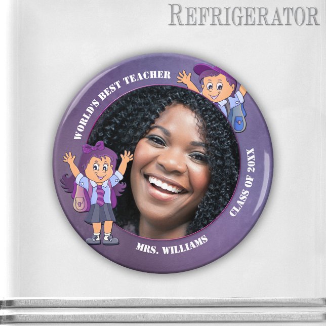 Magnet photo personnalisé de Merci de professeur p (Cute photo frame magnet featuring a photo of your favorite teacher framed by a modern purple design )