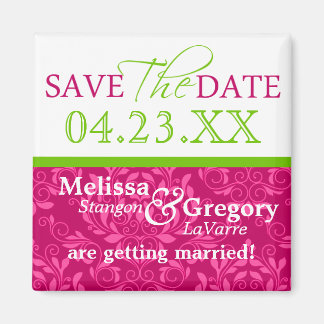 Magnet Réservez la date rose chaud vert Damas