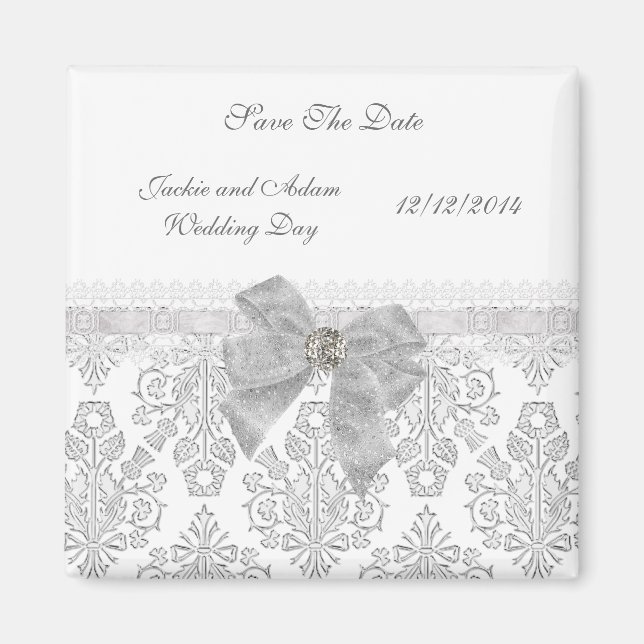 Magnet Save the Date Wedding Damask White (Vorne)