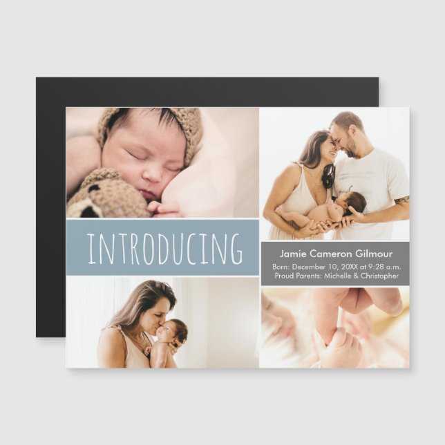 Magnetic Foto Collage Einführung Blue Baby Boy Magneteinladung (Vorne/Hinten)