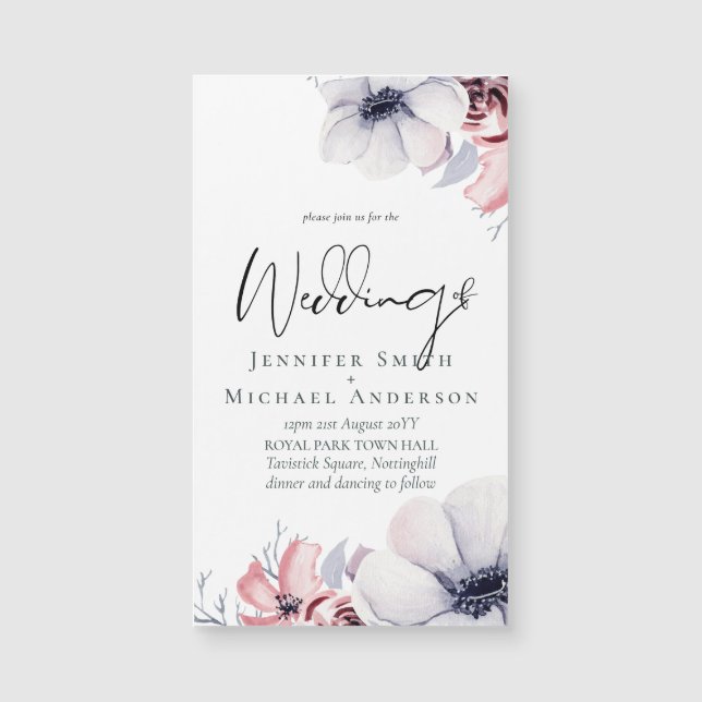 Magnetic Navy Blue Coral Floral Script Hochzeitssc Magnetkarte (Vorderseite)