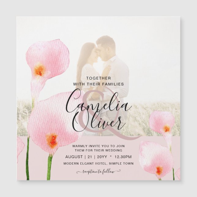MAGNETIC Pink Calla Lily FOTO Hochzeit Einladung (Vorderseite)