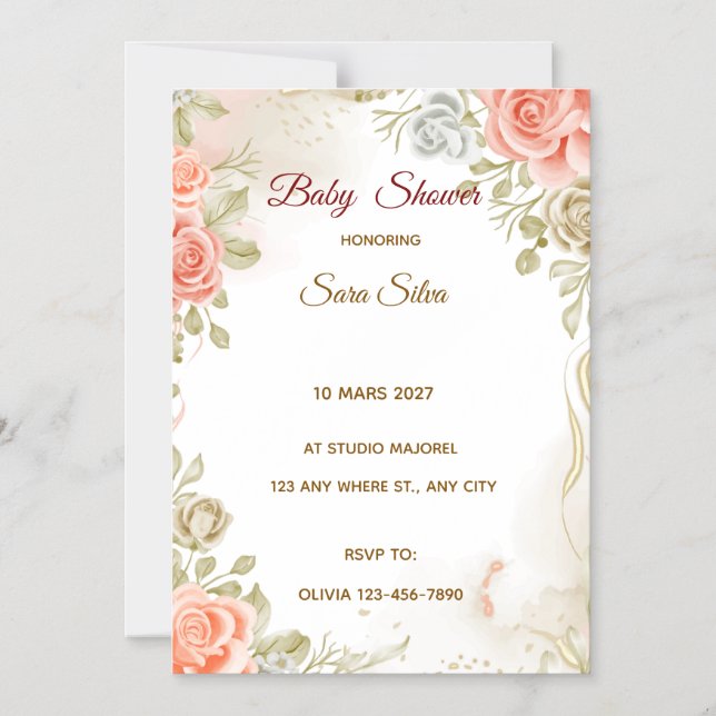 Magnétique Beige Studded By Flowers Baby Shower Invitation (Recto)