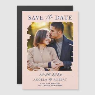 Magnétique Blush Pink Navy Photo Enregistrer la date Carte ma