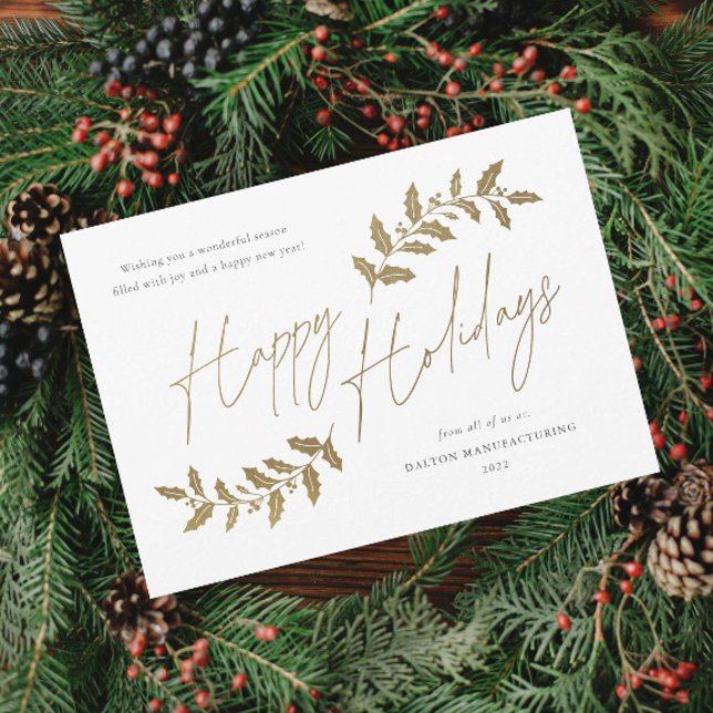 Magnétique Carte de vœux professionnelle moderne pour les fêt (Elegant Script Gold Happy Holidays Greenery Leaves Business Holiday Magnetic Card.)