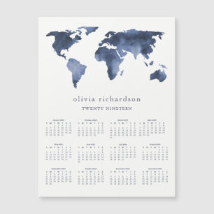 Magnétique Carte du monde Blue Watercolor   Calendrier 2019