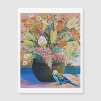 Magnétique Carte Rosella à tête pâle australienne et fleurs s