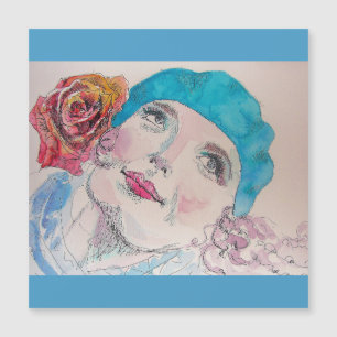 Magnétique Fille avec Béret Rose Rouge Aquarelle Carte magnét