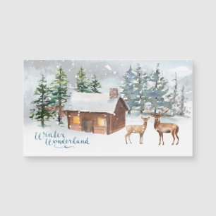 Magnétique Forêt d'hiver, cerf, cabine de billes Carte magnét
