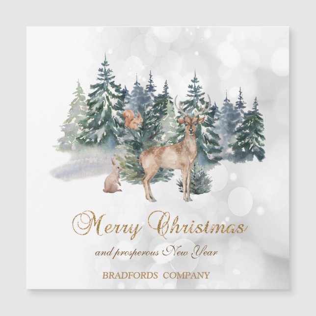 Magnétique Reindeer, Forêt, Bokeh Company Carte de vacances (Devant)