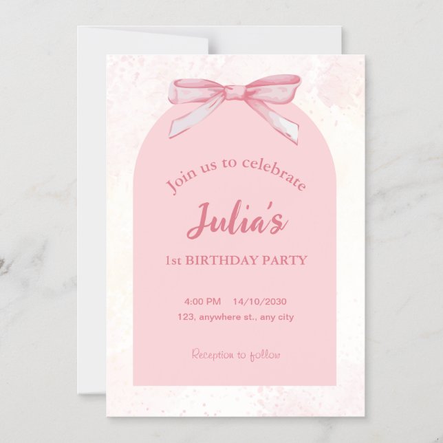 Magnétique Rose 1er anniversaire Invitation de fête fille (Recto)