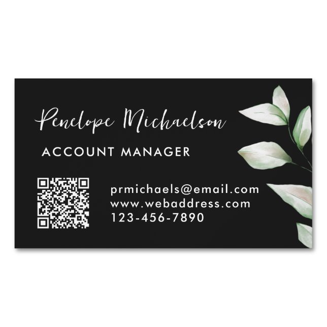 Magnétique Simple verdure QR Code Carte de visite noir (devant)