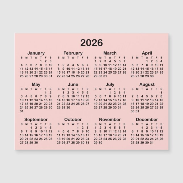 Magnetkalender Minimalistisch Blush and Black 2026 Magnetkarte (Vorderseite)