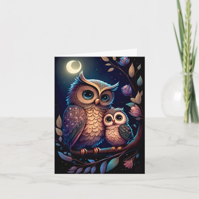 Magnifique carte mère et bébé hibou (Devant)