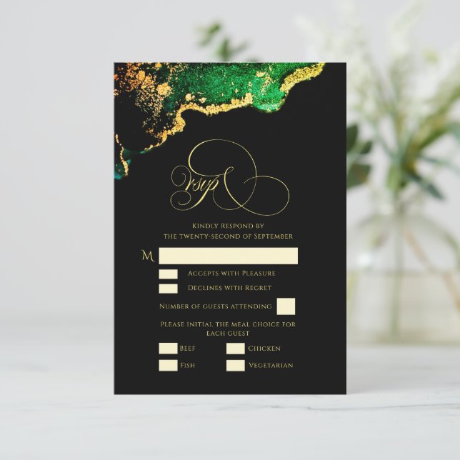 Magnifique Gold Bronze Vert Gold Mariage Carte RSV (Debout devant)
