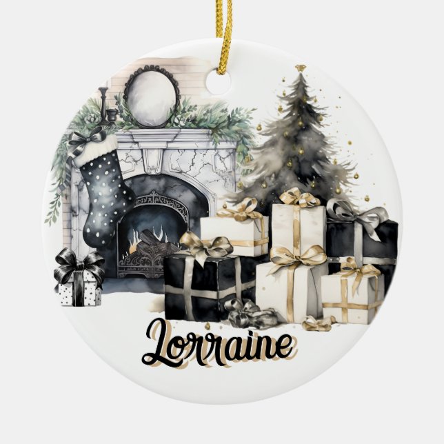 Magnifique ornement de Noël noir, blanc et or (Devant)