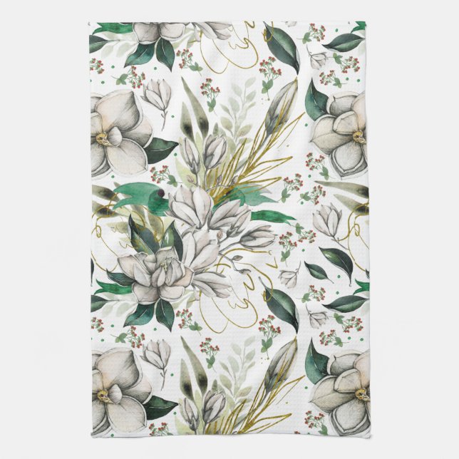 Magnifique serviette de cuisine florale Magnolias (Vertical)
