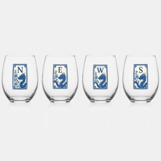 Magnifiques verres à vin Mahjong de style bleu flu