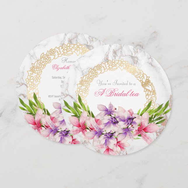 Magnoilia Blume Wasserfarben am Marble Bridal Tee Einladung (Vorne/Hinten)