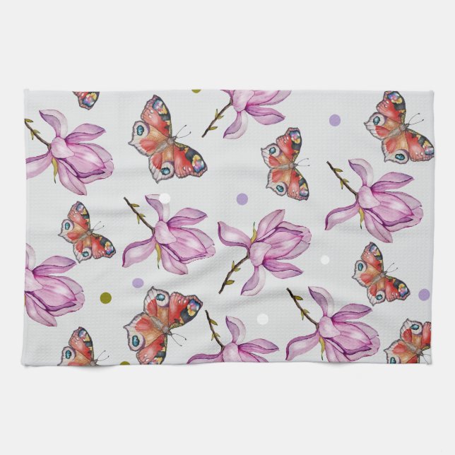 Magnolia and butterflies, watercolor pattern geschirrtuch (Horizontal)