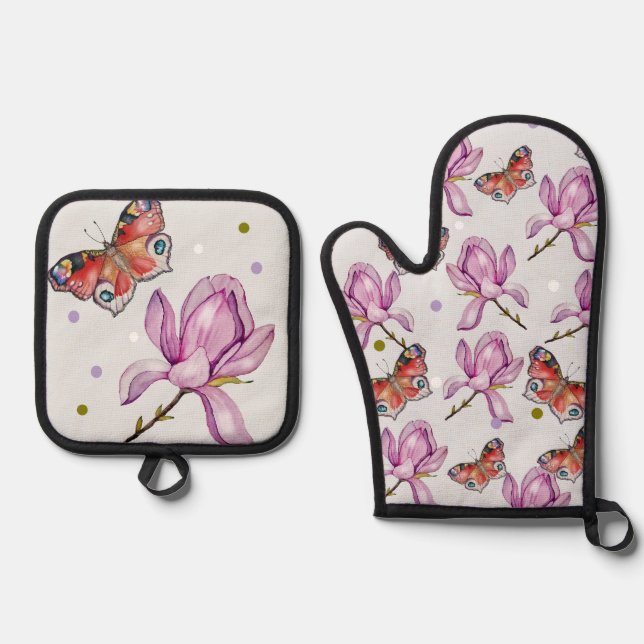 Magnolia and butterflies, watercolor pattern ofenhandschuh & Topflappen-Set (Vorderseite)