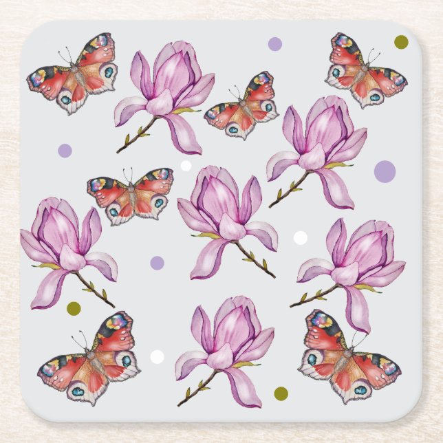 Magnolia and butterflies, watercolor pattern rechteckiger pappuntersetzer (Vorderseite)