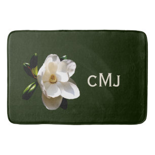 Magnolia auf dunkelgrün mit Monogramm Badematte
