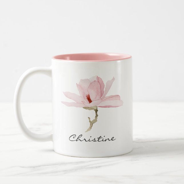 Magnolia Blossom Wasserfarbe mit Ihrem Namen Zweifarbige Tasse (Links)