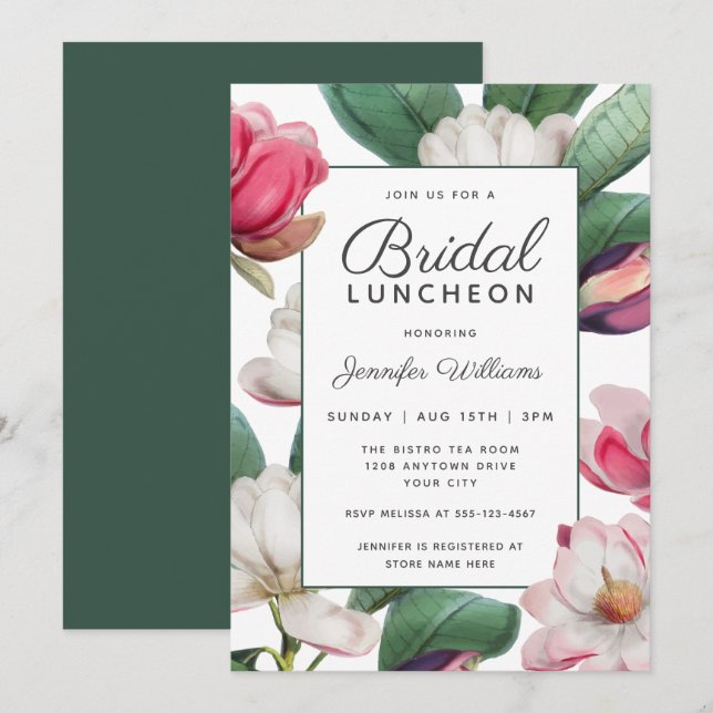 Magnolia Blossoms Boho Floral Bridal Luncheon Einladung (Vorne/Hinten)